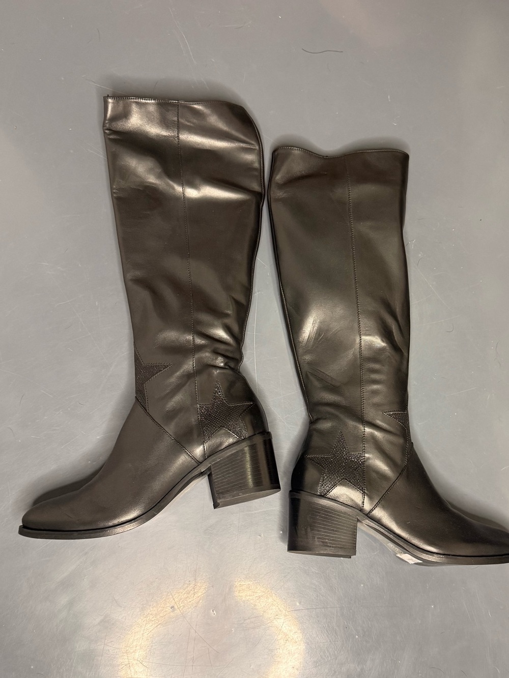NWOT Women's Tall Black Leather Cowboy Boots with Star design on sides